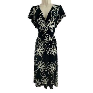 London Times Black Ivory Floral Print Ruched Waist Midi Dress Size 16W 1X Plus